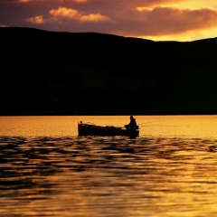 A fishermen fishing in the evening at Loch Lomond