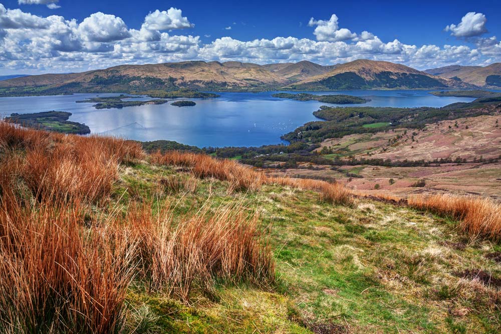 Loch Lomond from above showing narrow shape of loch