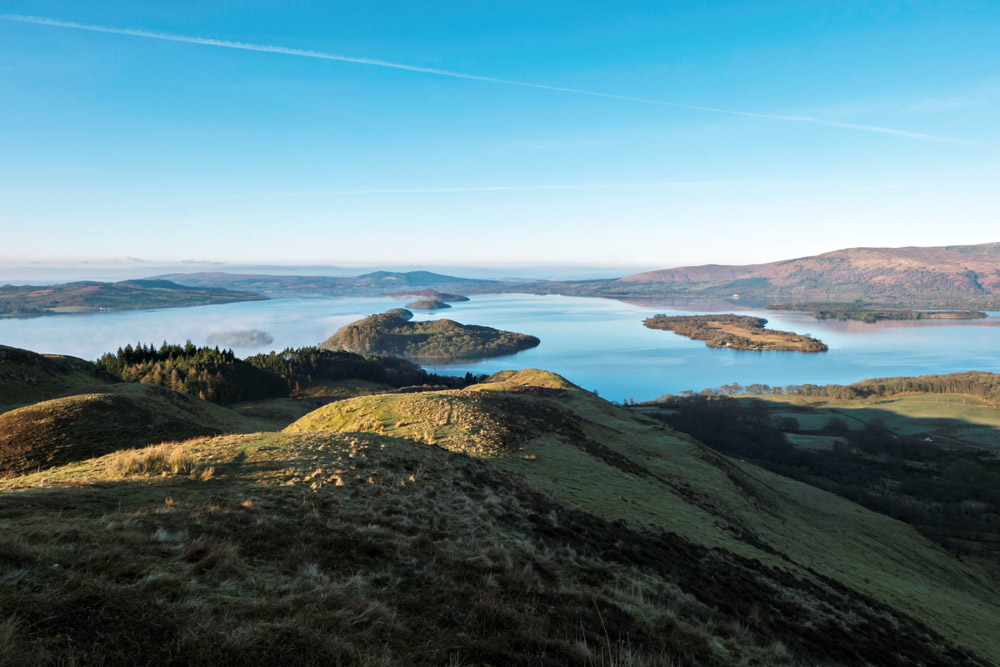 Islands in Loch Lomond aligned to indicate the position of the Highland Boundary Fault, seen from Conic Hill