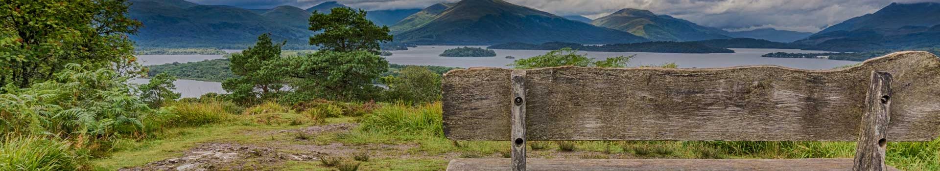 Bench at the viewpoint on top of Tom Na Nighaenan, Inchcailloch, Loch Lomond