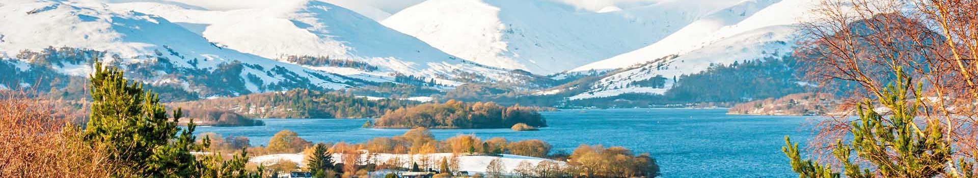 snowy hills around Loch Lomond in winter