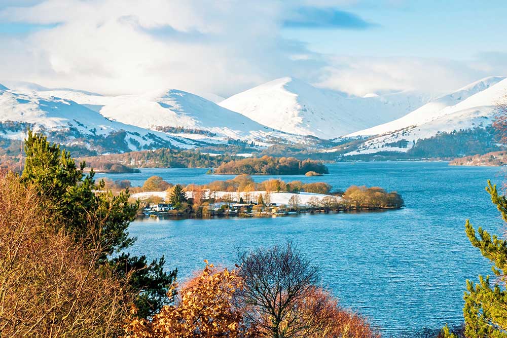 snow on the mountains around Loch Lomond