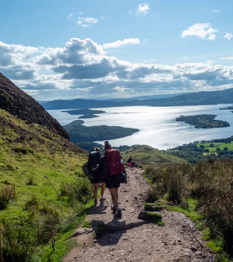 Two people walking towards loch lomond