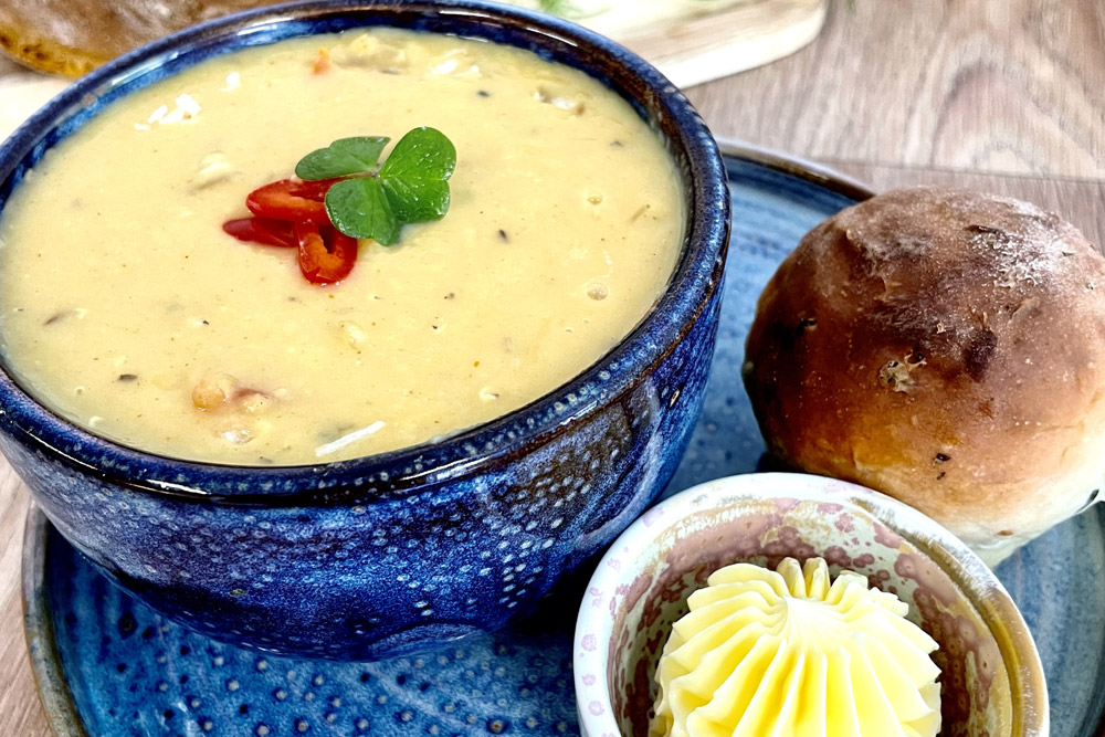 Soup, bread and butter served at Perch Café and Restaurant