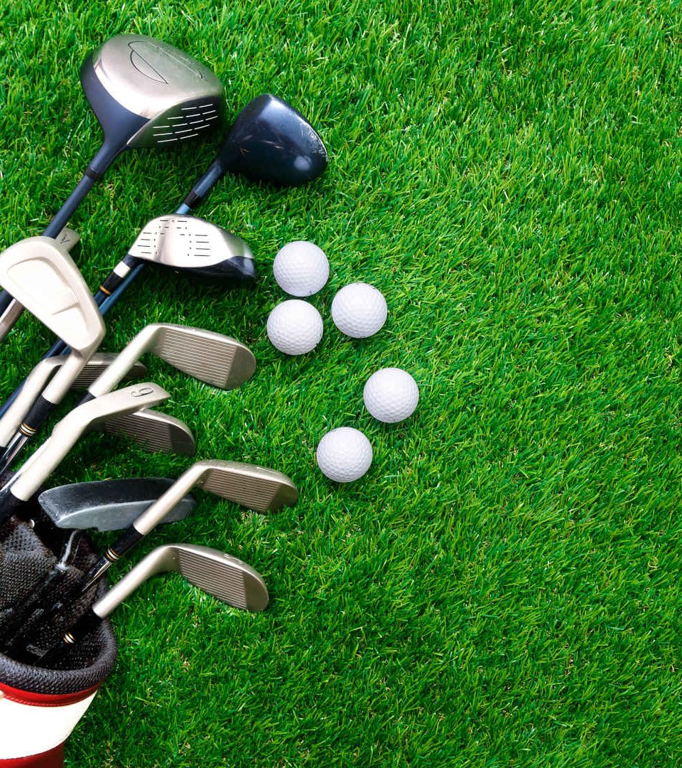 Golf balls and clubs in bag on green grass