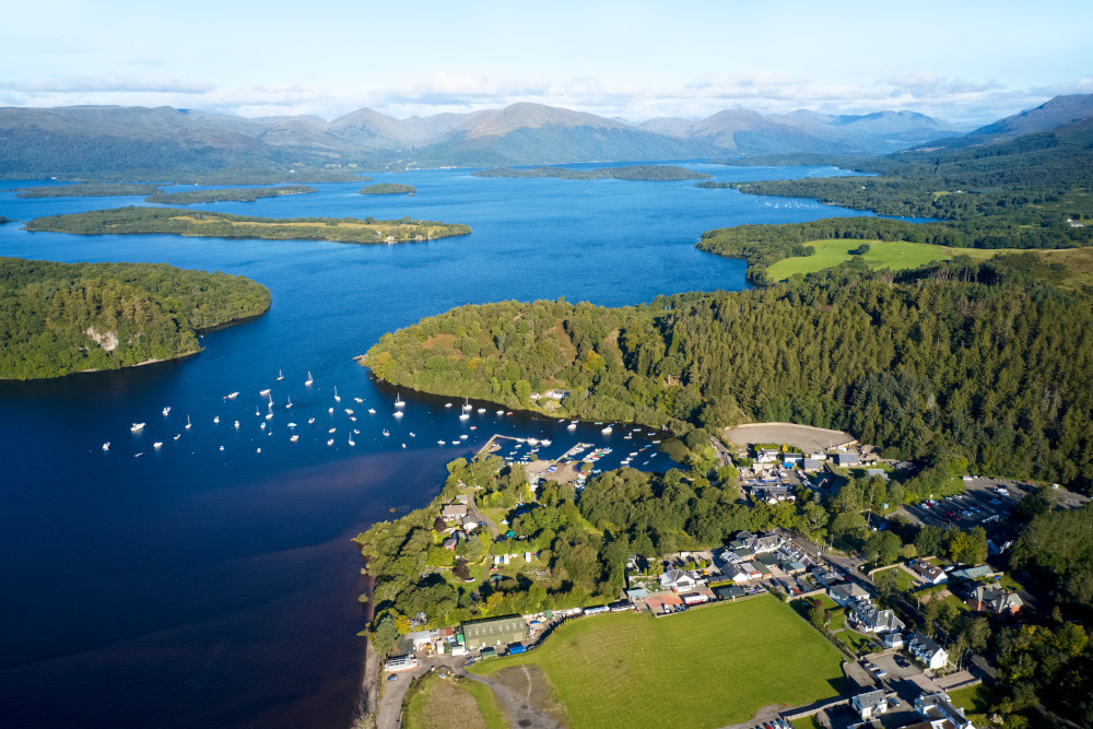 Aerial view of Balmaha by Loch Lomond, Scotland