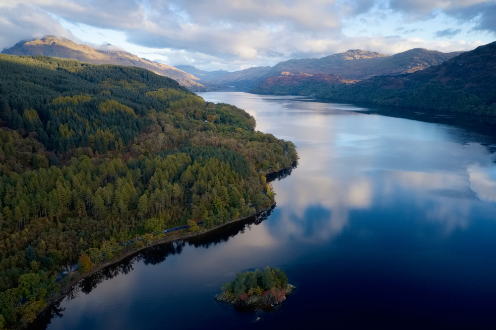 Loch Lomond aerial view at Autumn during sunrise near Tarbet.