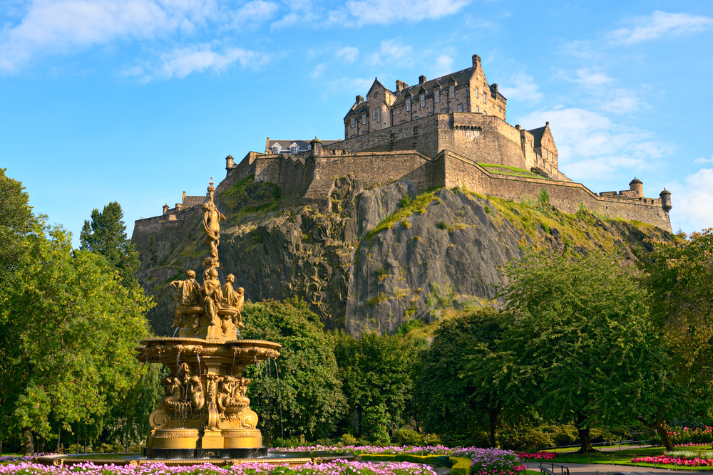 Edinburgh Castle, Scotland, from Princes Street Gardens, with the Ross Fountain in the foreground