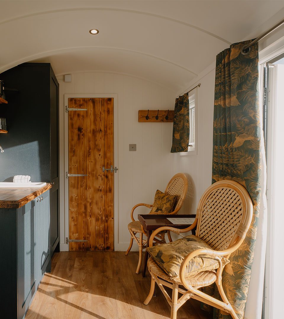 The kitchen in a Shepherd's Hut at Loch Lomond Waterfront luxury lodges in Balmaha