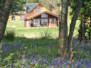 A chalet with bluebells in the foreground at Loch Lomond Waterfront