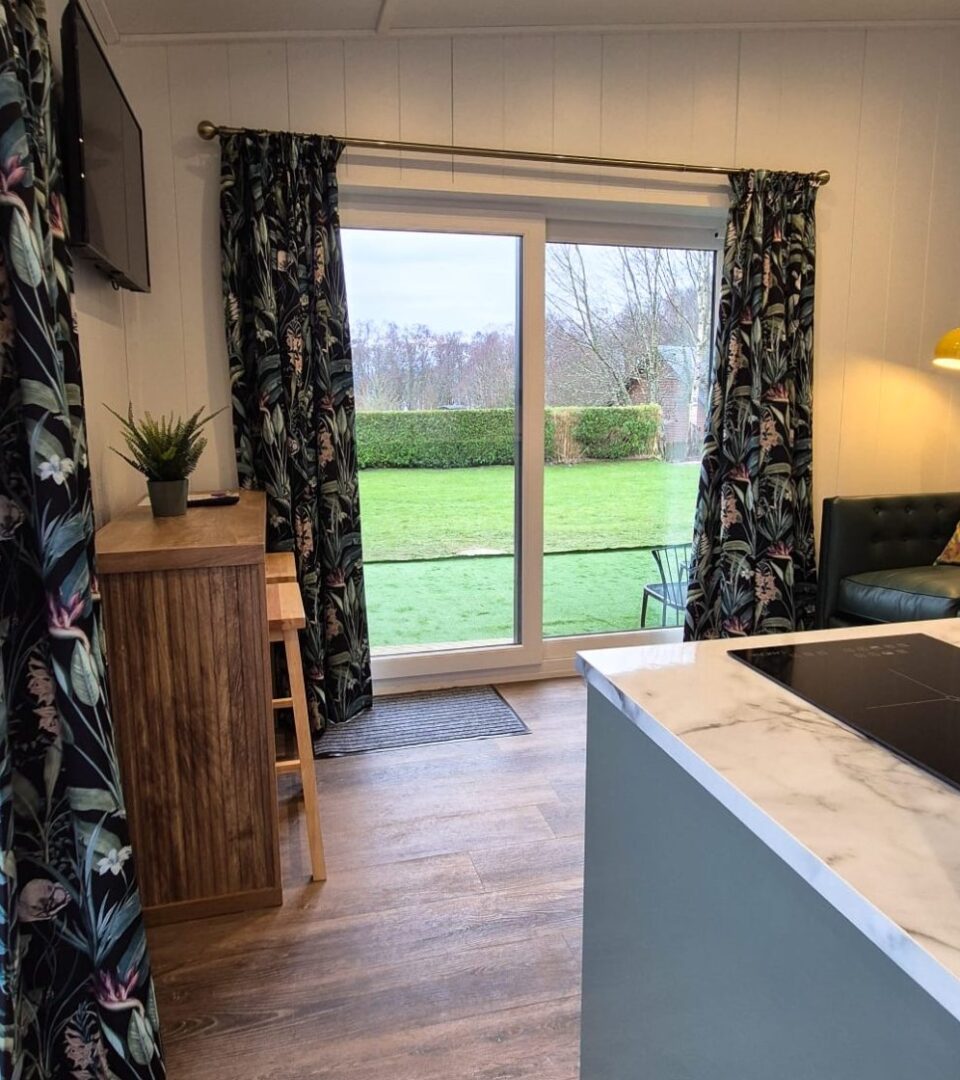 Studio Lodges accommodation view from the living area out to the gardens towards Loch Lomond.