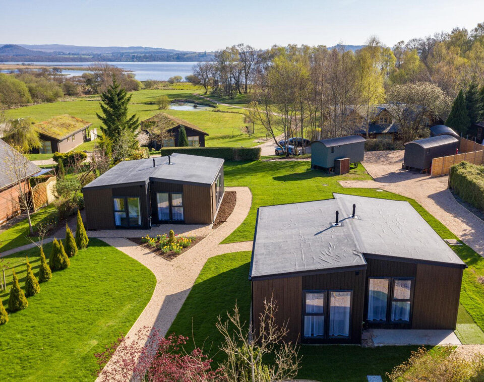 An aerial views of Studio Lodges at Loch Lomond Waterfront
