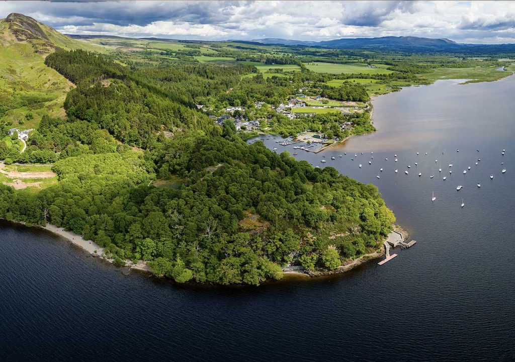 An aerial view of Loch Lomond, Conic HIll and Balmaha where Loch Lomond Waterfront Lodges are.