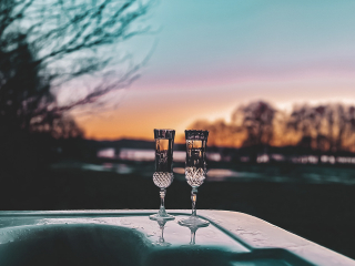 Sunset Hot Tub Champange A romantic sunset and two glasses on a tub at Loch Lomond Waterfront