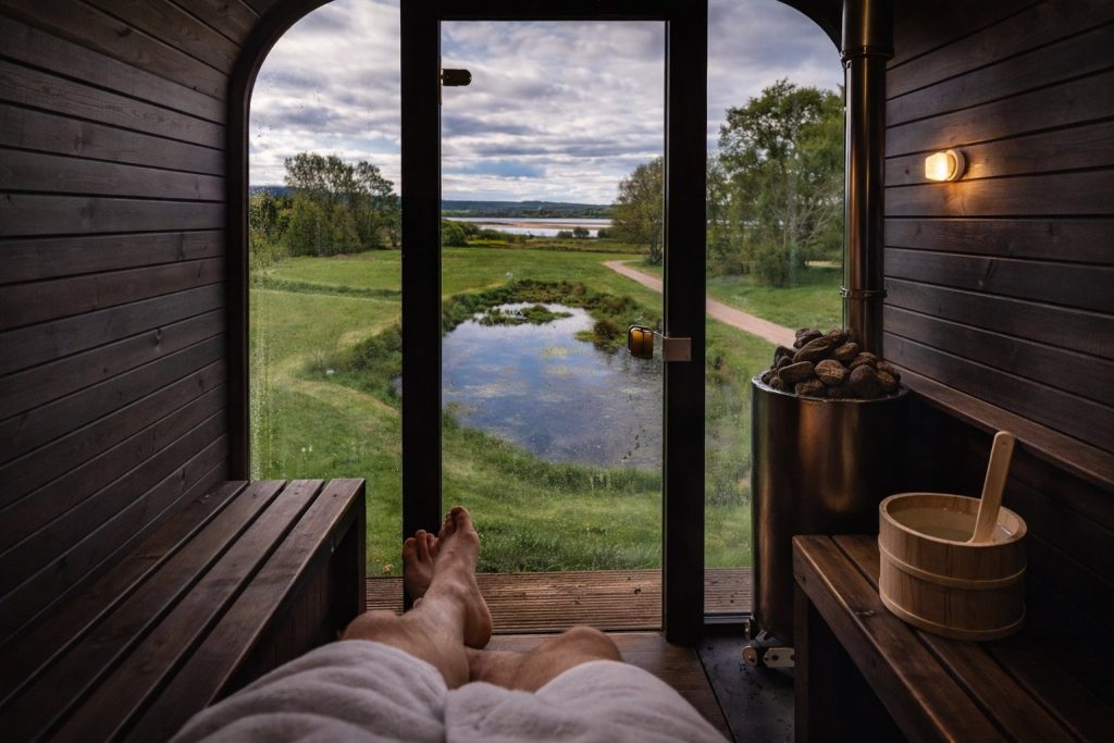 Loch Lomond wilderness wellness sauna view over our pond and the waters shores.