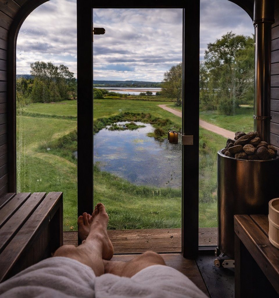 Loch Lomond wilderness wellness sauna view over our pond and the waters shores.