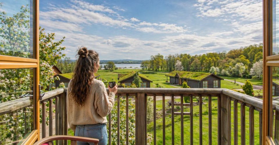 June holidays on Loch Lomond. A girl enjoying the view from her balcony on a wilderness and wellness retreats.