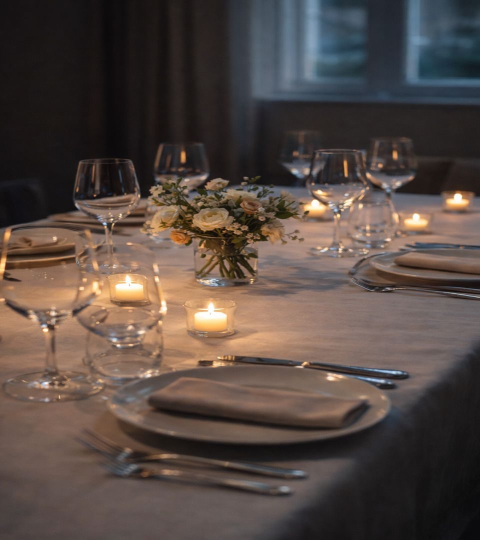 Private dining table set up ready for a private Scottish dining experience by candlelight.