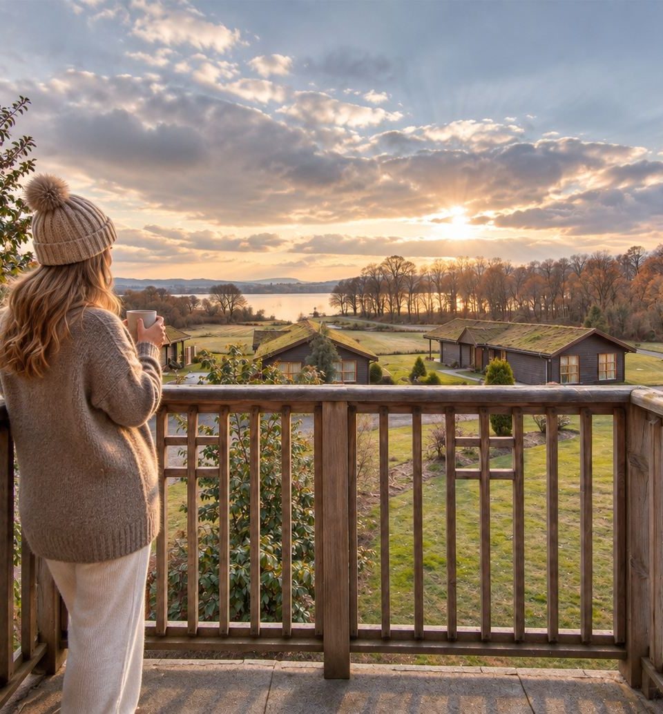 A lady stands on the balcony of her luxury lodge, looking out over Loch Lomond with a cup of coffee in winter. She is wearing a luxury sweater and beanie hat with a pom pom.