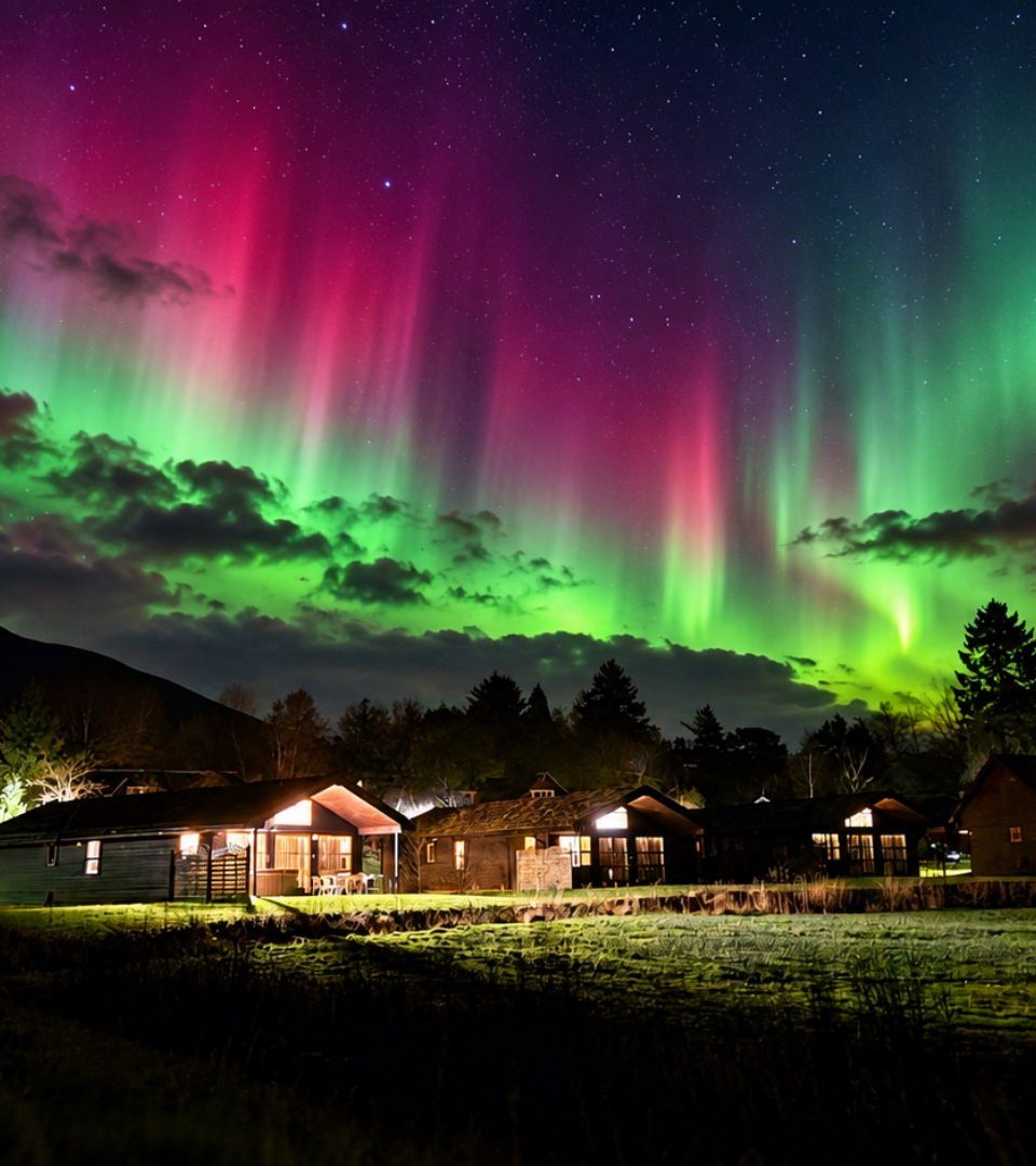 Loch Lomond Waterfront Lodges under spectacular Northern Lights in Winter.
